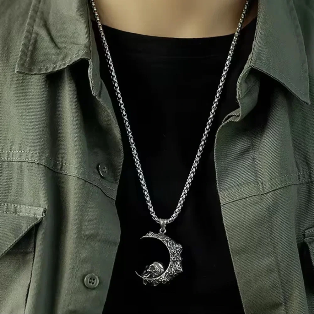 925 Sterling Silver Skull In Crescent Moon NO FADE Necklace Unisex Biker Goth